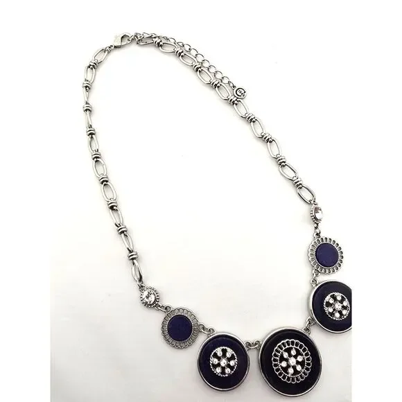 C est.1946 Brand Silver Tone & Blue Necklace 16” Rhinestone Medallions Chain - Picture 7 of 7